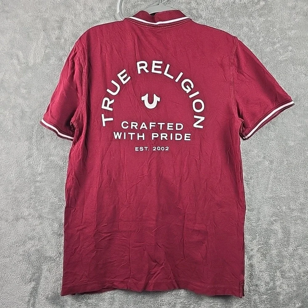 True Religion‎ Polo Shirt Men's Small Red Graphic Varisty Retro Pique